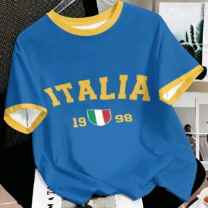 italian theme round neck mesh digital print men's t shirt, blue yellow contrast italia 1998 print short sleeve breathable quick dry retro fan jersey college style casual athletic shirt daily versatile youthful outfit graduation season gift