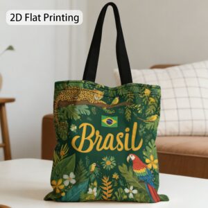 1pc 2d flat brazil nature celebration printed handbag, reusable grocery bags, large capacity reusable shoulder shopping bag, women's casual travel handbag, roomy beach bag and stylish handheld canvas handbag for women, an excellent selection