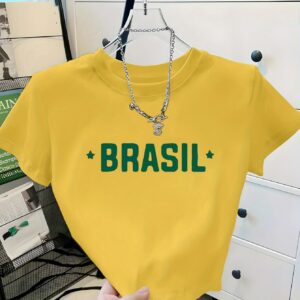 summer women's ultra short crop top, letter fashion print women's trendy round neck printed top, fashion statement