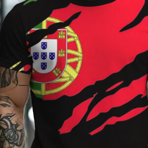 men's stylish casual t shirt featuring a trendy street style with a round neck and short sleeves, designed with colors inspired by the portuguese flag. machine washable, comfortable for all seasons
