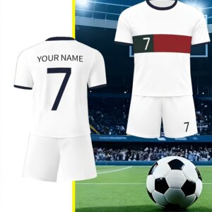 portugal team uniform, number 7 jersey, customizable name and number, adult men's set, red and green striped kit, quick dry training wear, short sleeve football t shirt + shorts, casual wear for spring and summer, fan commemorative edition