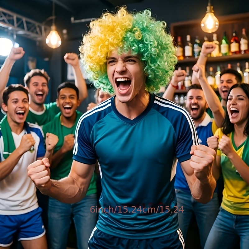 yellow green color football fan wig, 6 inch fluffy hair, suitable for football matches, parties, events, international festivals, carnivals, lightweight and easy to wear, unisex costume wig, designed wig, football cheerleader wig, national themed yellow green color football fan wig, 6 inch fluffy hair, suitable for football matches, parties, events, international festivals, carnivals, lightweight and easy to wear, unisex costume wig, designed wig, football cheerleader wig, national themed