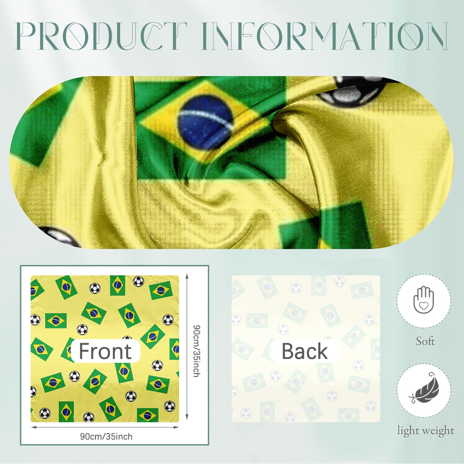 1pc square scarf, brazilian flag soccer print, soft and skin friendly, soft and durable, fashionable accessory, suitable for beach and outdoor use, unisex, lightweight fabric, washable and machine washable, can be used as a headband, chest wrap 1pc square scarf, brazilian flag soccer print, soft and skin friendly, soft and durable, fashionable accessory, suitable for beach and outdoor use, unisex, lightweight fabric, washable and machine washable, can be used as a headband, chest wrap