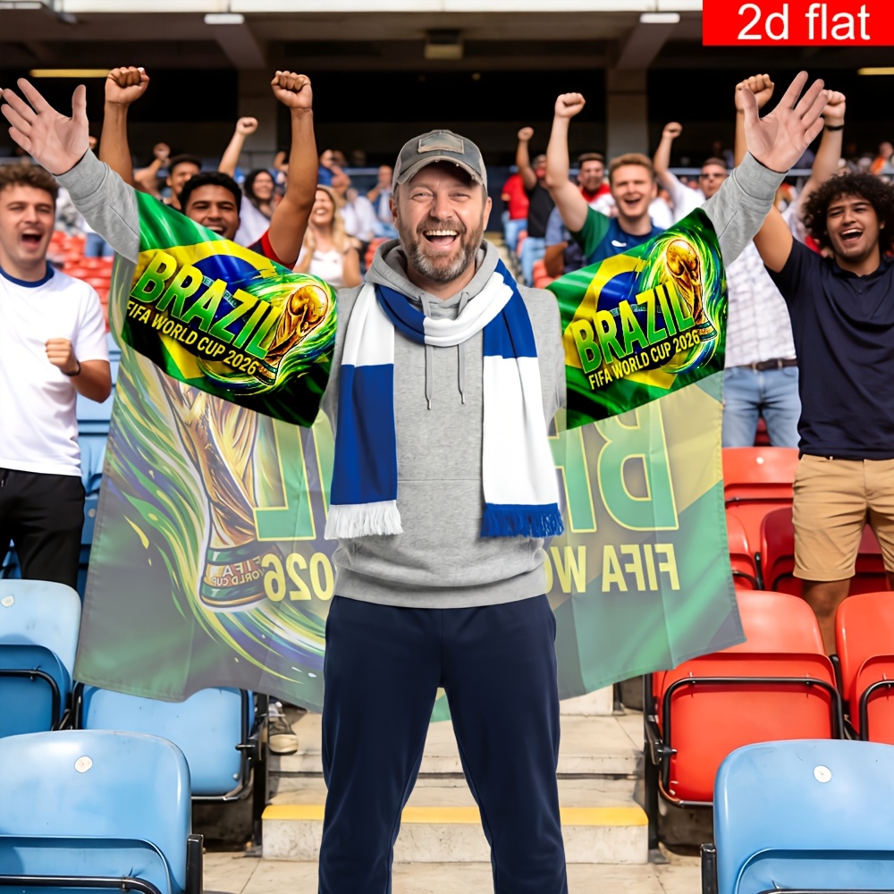 2d flat, 2d flat 2d flat, 2d flat a 2d flat banner, 1pc, for the 2026 fifa world cup in cape style (with sleeves), showcasing the world cup trophy design along with the brazilian flag. made of polyester with bright colors 2d flat, 2d flat 2d flat, 2d flat a 2d flat banner, 1pc, for the 2026 fifa world cup in cape style (with sleeves), showcasing the world cup trophy design along with the brazilian flag. made of polyester with bright colors