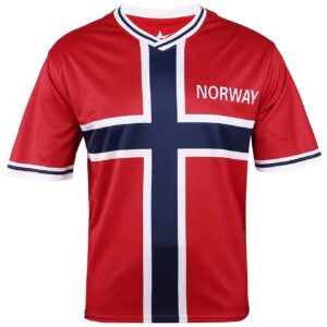 1pc suruida men's norway soccer jersey 2024 european cup design, red with white & blue cross, v neck, short sleeve, breathable training & match shirt for summer sports, soccer jersey, summer sports apparel, modern sports style, durable sports fabric