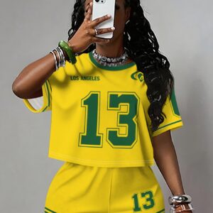 women's 2pcs set:a number print cropped top and shorts, a casual y style, the loose fit is perfect for summer, suitable for street style, wear, and casual attire, made of soft and breathable s mesh fabric, fashionable and versatile