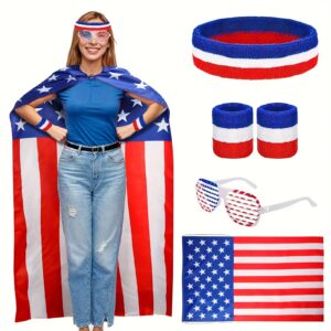 4pcs american flag cape costume set, retro 80's decorative glasses, american flag blue, white and red headband and wristband suitable for 4th of july, memorial day, patriotically themed celebrations for men and women