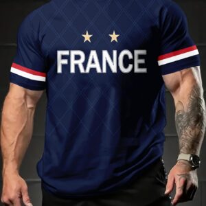 france national team two stars t shirt men's navy plaid short sleeve soccer fan support casual top