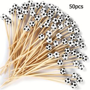 set of 50 bamboo cocktail picks designed with sports balls, perfect for decorating food, cocktails, buffets, fruits, cupcakes, and party tables