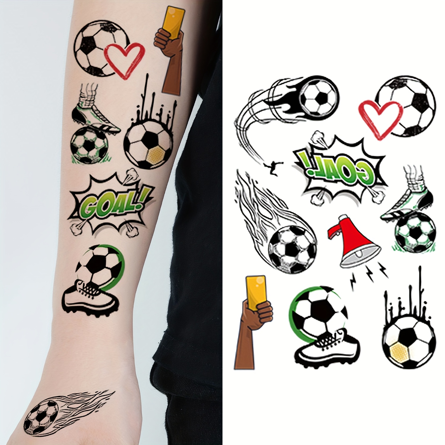12 sheets with 112 designs of football tattoo stickers, featuring fun cartoon football elements. temporary body, arm, and face makeup fake tattoos suitable for football fans 12 sheets with 112 designs of football tattoo stickers, featuring fun cartoon football elements. temporary body, arm, and face makeup fake tattoos suitable for football fans