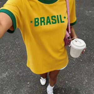 [printed design – not textured] women's t shirt with brazil themed print, eye catching letter design, pattern print, casual daily wear, crew neck, short sleeves, color block fashion design, suitable for s, walking, and dates, a comfortable top
