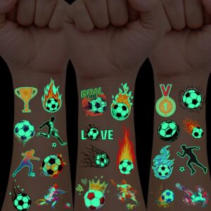 10pcs glow in the dark soccer temporary tattoos neon green reactive, waterproof & easy removal body paint for, birthday parties, cosplay with players, trophies, flames designs perfect soccer party favors & gifts for fans, soccer accessories