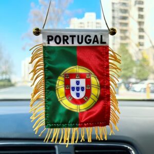 a mini banner in the style of the portuguese flag, measuring 8x12cm, double sided and equipped with a suction cup, ideal for hanging on car rearview mirrors or for home decoration