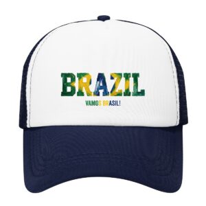 vintage brazilcore trucker hat, vamos brazil paint print mesh cap, unisex y2k aesthetic snapback, green yellow blue brazil flag baseball hat, retro summer streetwear