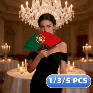 1pc/3pcs/5pcs black handle plastic portuguese flag single sided pattern black handle plastic cloth fan suitable for gifts, commemorative gifts, home decoration, clothing matching, photography props, dance supplies 22.5cm/8.86inch
