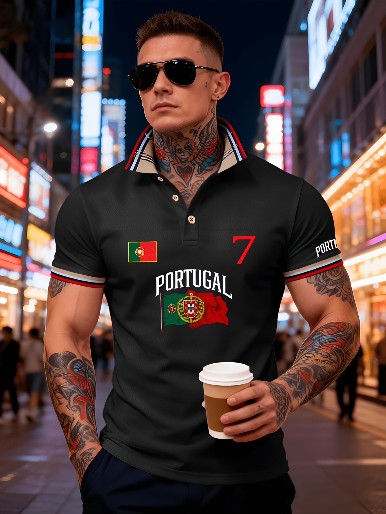 men's polo shirt featuring a classic collar with buttons, a color block design, breathable and comfortable fabric, perfect for lightweight summer outfits. it is adorned with the letters "portugal" and the portuguese flag print, the number "17.78cm men's polo shirt featuring a classic collar with buttons, a color block design, breathable and comfortable fabric, perfect for lightweight summer outfits. it is adorned with the letters "portugal" and the portuguese flag print, the number "17.78cm