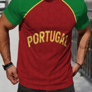men's short sleeve portugal sports t shirt featuring a striking red and green color block design with a honeycomb texture. it has eye catching golden 'portugal' lettering with yellow border accents, making it perfect for football events