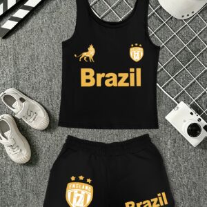 women's brazil football print 2pcs set, a must have for fashion enthusiasts