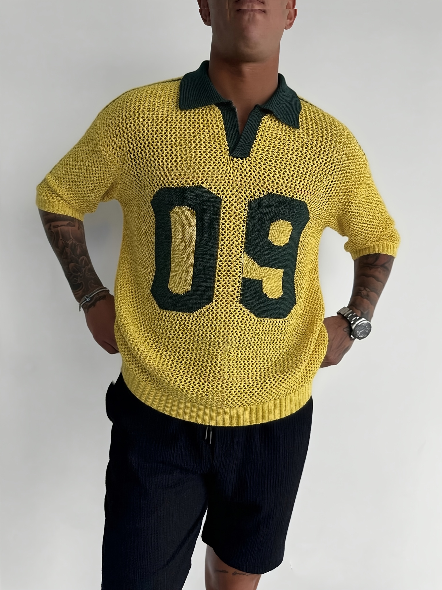 summer new fashion trendy athletic men's knit short sleeve, casual athletic style jersey digital hollow out contrast polo collar men's knit pullover sweater, office school commute viewing sports wear summer new fashion trendy athletic men's knit short sleeve, casual athletic style jersey digital hollow out contrast polo collar men's knit pullover sweater, office school commute viewing sports wear