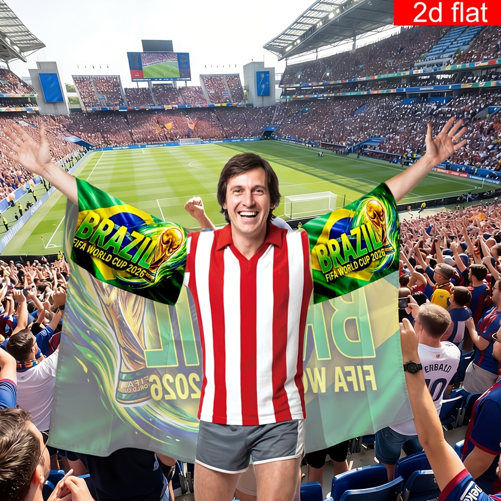 2d flat, 2d flat 2d flat, 2d flat a 2d flat banner, 1pc, for the 2026 fifa world cup in cape style (with sleeves), showcasing the world cup trophy design along with the brazilian flag. made of polyester with bright colors 2d flat, 2d flat 2d flat, 2d flat a 2d flat banner, 1pc, for the 2026 fifa world cup in cape style (with sleeves), showcasing the world cup trophy design along with the brazilian flag. made of polyester with bright colors