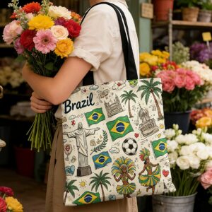 1pc women's brazilian themed tote bag reusable shopping bag with brazilian symbols & festive patterns, suitable for travel, beach, commuting, gift for brazil lovers, casual shoulder bag