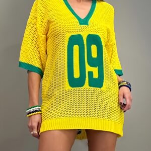 street style yellow hollow jersey mid length v neck color block number print t shirt nian nian
