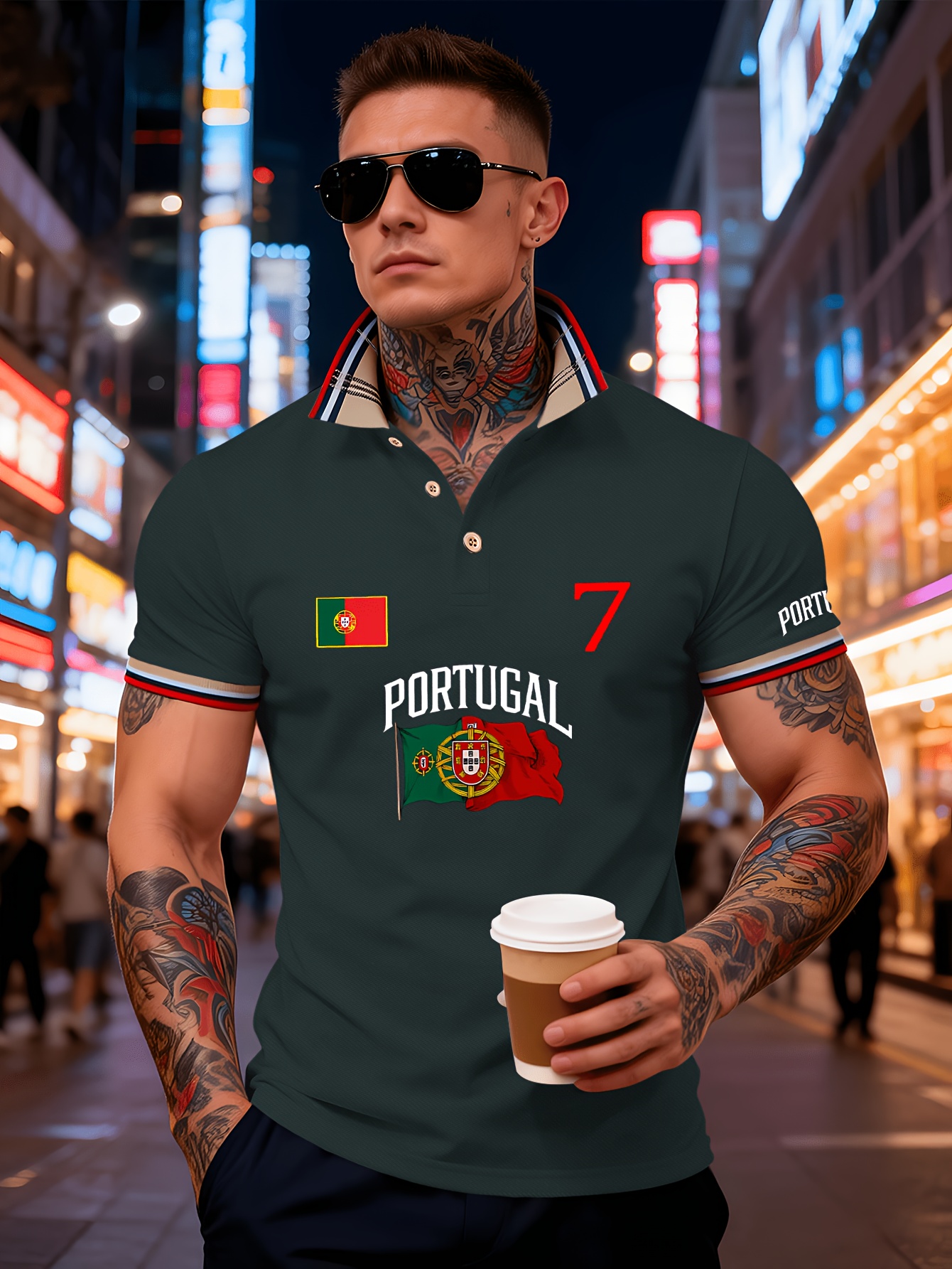 men's polo shirt featuring a classic collar with buttons, a color block design, breathable and comfortable fabric, perfect for lightweight summer outfits. it is adorned with the letters "portugal" and the portuguese flag print, the number "17.78cm men's polo shirt featuring a classic collar with buttons, a color block design, breathable and comfortable fabric, perfect for lightweight summer outfits. it is adorned with the letters "portugal" and the portuguese flag print, the number "17.78cm