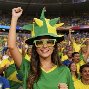 new brazilian football jester velvet hat with bells, creative and funny fan jester hat, yellow green carnival hat with bells, funny headdress for cheering at events, suitable for football match party supplies