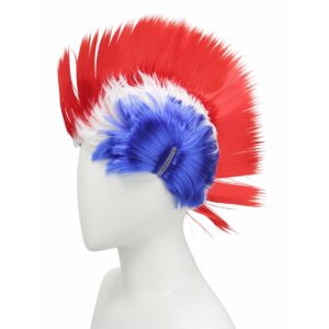 event support rooster comb wig in red, white, and blue colors, eye catching headgear for football fans to cheer, party celebration costume accessory