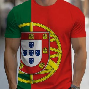 men's portugal all over print t shirt red and green geometric protective design, round neck short sleeve casual tee, summer, breathable fabric, regular fit, summer casual wear | comfort fit "[printed design – not textured]