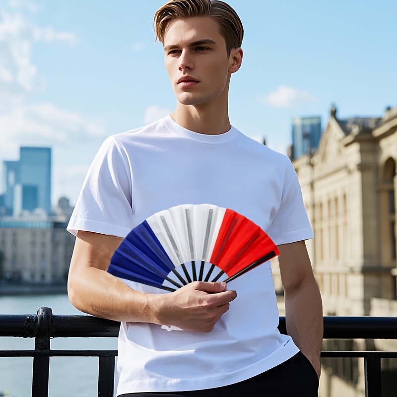 3pcs/5pcs black rod plastic cloth fans with a single sided french flag design, suitable as gifts or souvenirs, home decor, dance props, and easy to open and close 3pcs/5pcs black rod plastic cloth fans with a single sided french flag design, suitable as gifts or souvenirs, home decor, dance props, and easy to open and close
