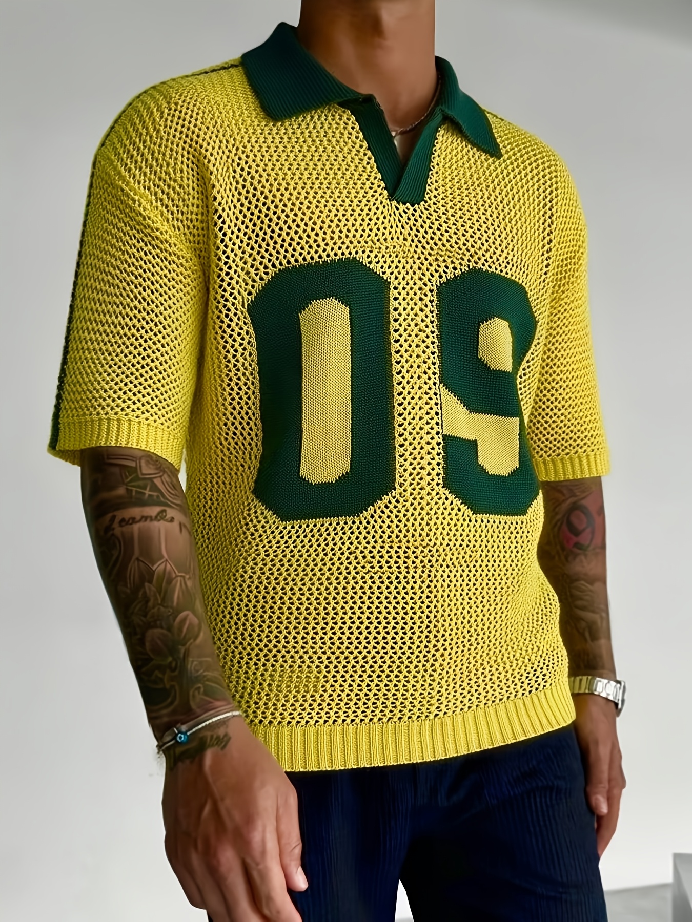 summer new fashion trendy athletic men's knit short sleeve, casual athletic style jersey digital hollow out contrast polo collar men's knit pullover sweater, office school commute viewing sports wear summer new fashion trendy athletic men's knit short sleeve, casual athletic style jersey digital hollow out contrast polo collar men's knit pullover sweater, office school commute viewing sports wear