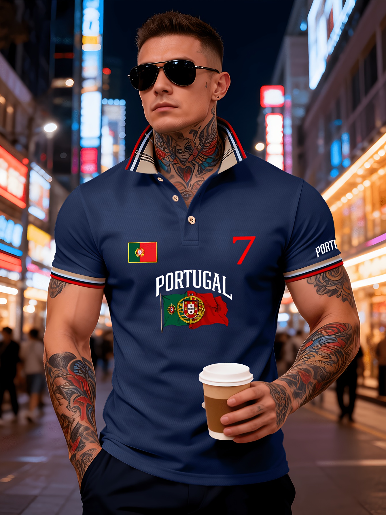 men's polo shirt featuring a classic collar with buttons, a color block design, breathable and comfortable fabric, perfect for lightweight summer outfits. it is adorned with the letters "portugal" and the portuguese flag print, the number "17.78cm men's polo shirt featuring a classic collar with buttons, a color block design, breathable and comfortable fabric, perfect for lightweight summer outfits. it is adorned with the letters "portugal" and the portuguese flag print, the number "17.78cm