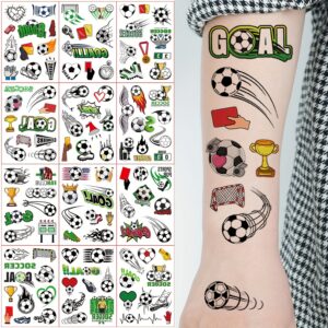 12 sheets with 112 designs of football tattoo stickers, featuring fun cartoon football elements. temporary body, arm, and face makeup fake tattoos suitable for football fans