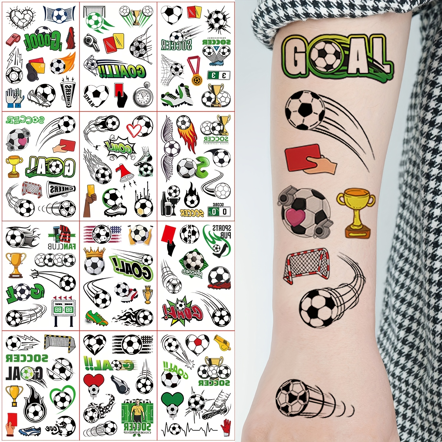 12 sheets with 112 designs of football tattoo stickers, featuring fun cartoon football elements. temporary body, arm, and face makeup fake tattoos suitable for football fans 12 sheets with 112 designs of football tattoo stickers, featuring fun cartoon football elements. temporary body, arm, and face makeup fake tattoos suitable for football fans
