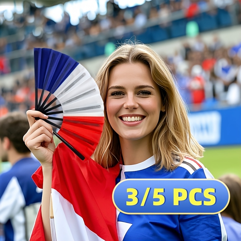 3pcs/5pcs black rod plastic cloth fans with a single sided french flag design, suitable as gifts or souvenirs, home decor, dance props, and easy to open and close 3pcs/5pcs black rod plastic cloth fans with a single sided french flag design, suitable as gifts or souvenirs, home decor, dance props, and easy to open and close