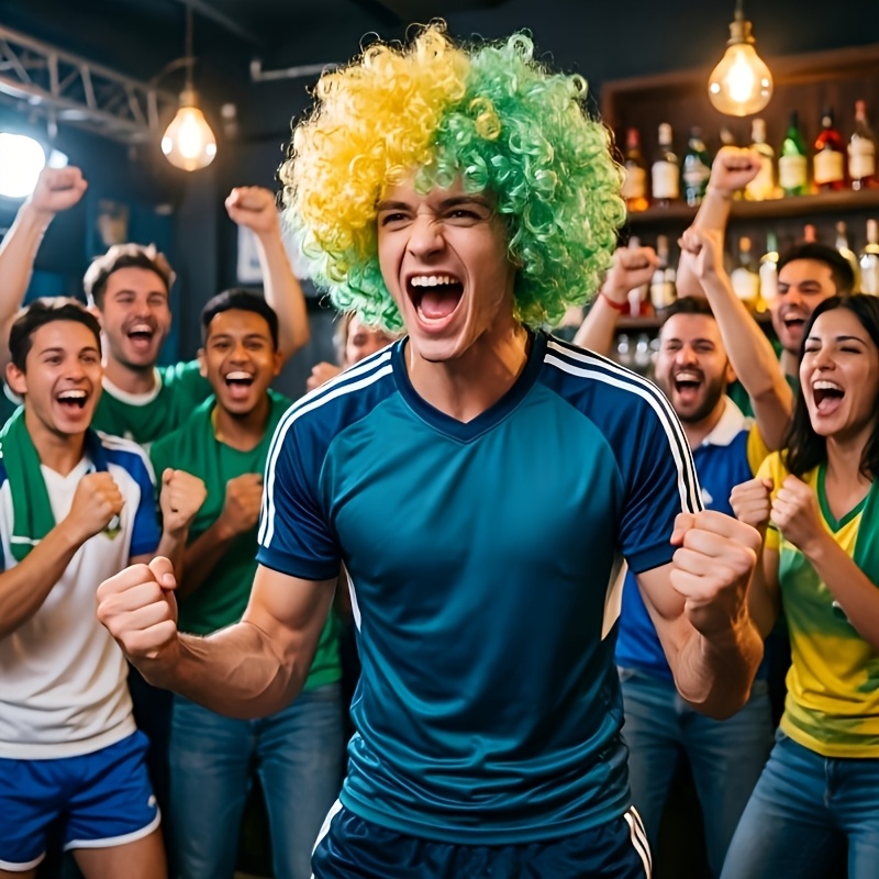 yellow green color football fan wig, 6 inch fluffy hair, suitable for football matches, parties, events, international festivals, carnivals, lightweight and easy to wear, unisex costume wig, designed wig, football cheerleader wig, national themed yellow green color football fan wig, 6 inch fluffy hair, suitable for football matches, parties, events, international festivals, carnivals, lightweight and easy to wear, unisex costume wig, designed wig, football cheerleader wig, national themed