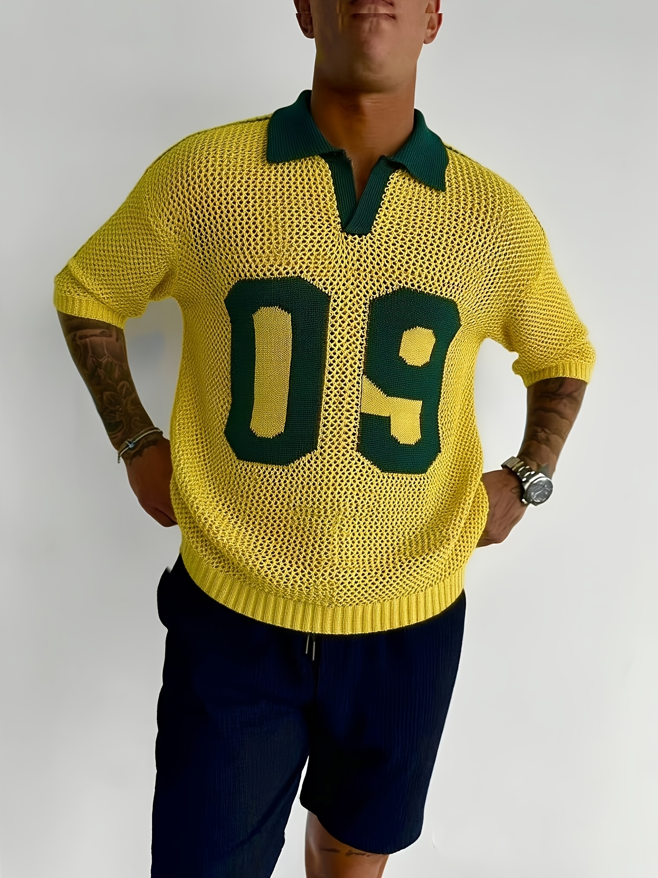 summer new fashion trendy athletic men's knit short sleeve, casual athletic style jersey digital hollow out contrast polo collar men's knit pullover sweater, office school commute viewing sports wear summer new fashion trendy athletic men's knit short sleeve, casual athletic style jersey digital hollow out contrast polo collar men's knit pullover sweater, office school commute viewing sports wear