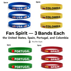 3pcs set of flag wristbands, essential for soccer parties and watching football matches, includes flags of the united states, spain, portugal, and colombia