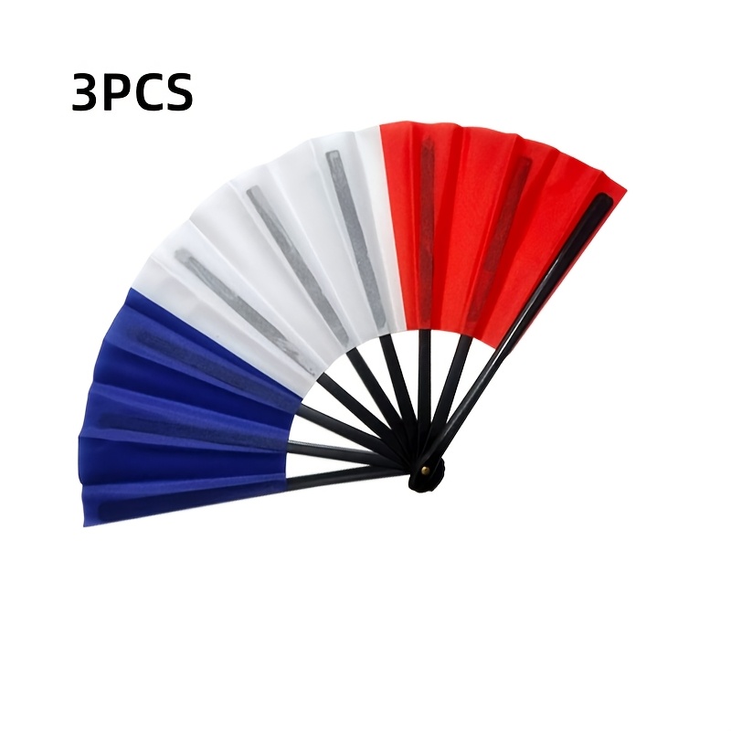 3pcs/5pcs black rod plastic cloth fans with a single sided french flag design, suitable as gifts or souvenirs, home decor, dance props, and easy to open and close 3pcs/5pcs black rod plastic cloth fans with a single sided french flag design, suitable as gifts or souvenirs, home decor, dance props, and easy to open and close