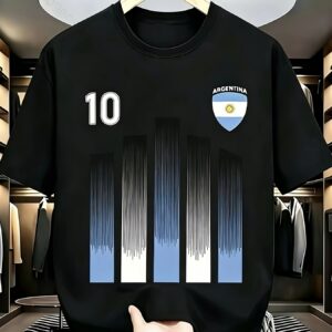 men's argentina football jersey black and white striped design with number 10, casual pattern t shirt featuring argentine flag patch, breathable fabric for sports and casual wear, football themed tee