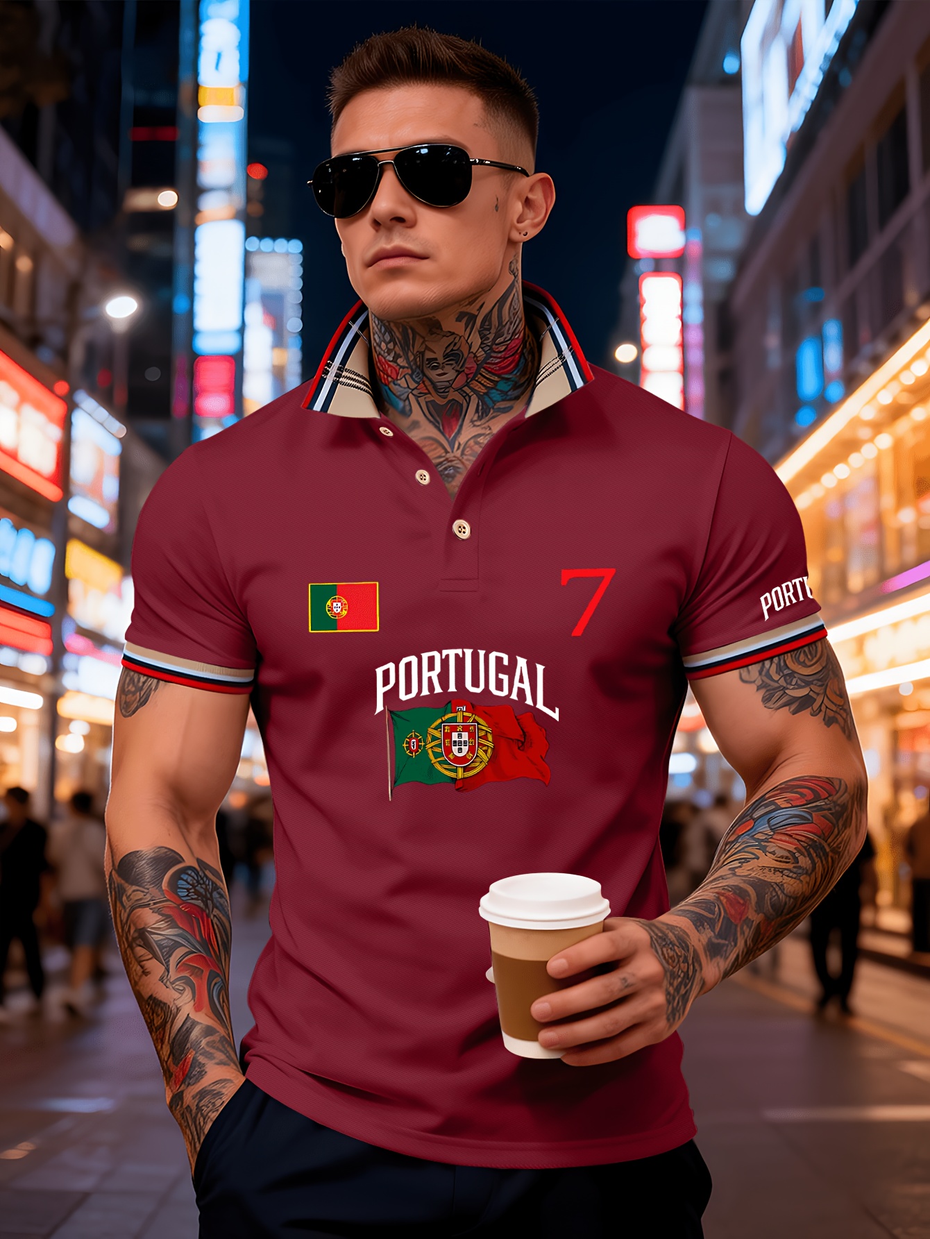 men's polo shirt featuring a classic collar with buttons, a color block design, breathable and comfortable fabric, perfect for lightweight summer outfits. it is adorned with the letters "portugal" and the portuguese flag print, the number "17.78cm men's polo shirt featuring a classic collar with buttons, a color block design, breathable and comfortable fabric, perfect for lightweight summer outfits. it is adorned with the letters "portugal" and the portuguese flag print, the number "17.78cm