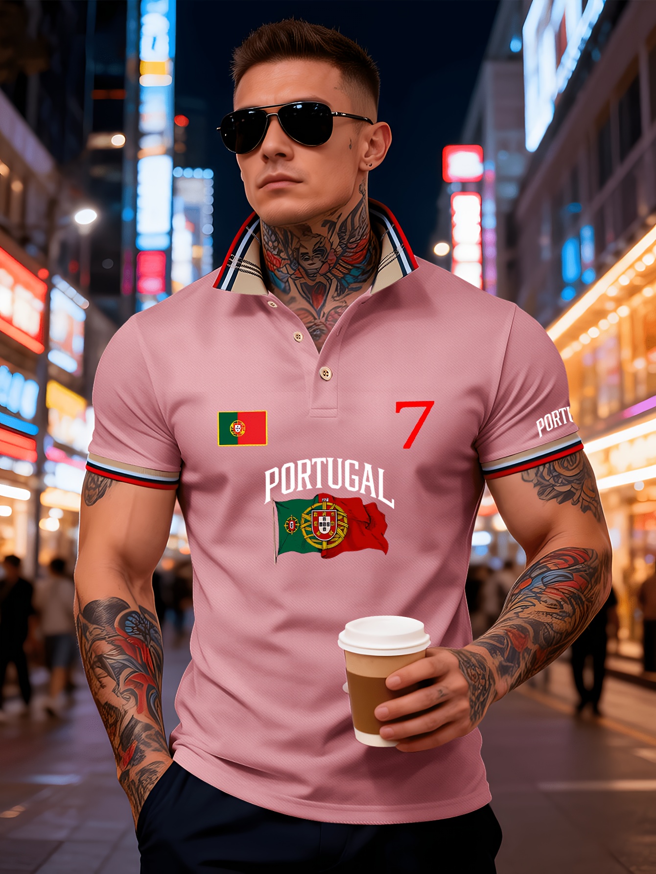 men's polo shirt featuring a classic collar with buttons, a color block design, breathable and comfortable fabric, perfect for lightweight summer outfits. it is adorned with the letters "portugal" and the portuguese flag print, the number "17.78cm men's polo shirt featuring a classic collar with buttons, a color block design, breathable and comfortable fabric, perfect for lightweight summer outfits. it is adorned with the letters "portugal" and the portuguese flag print, the number "17.78cm