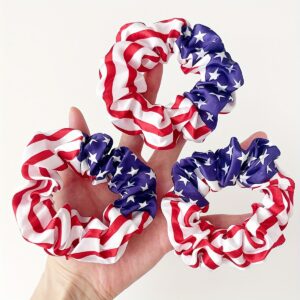 satin scrunchie set with a geometric print featuring red, white, and blue stripes and white stars. independence day american flag print pattern, breathable and comfortable to wear. suitable for holiday wear
