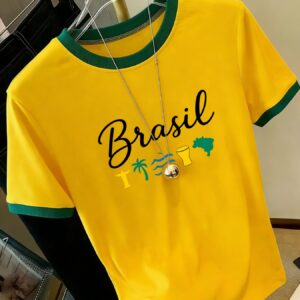 tropical elements with brazilian style prints, featuring unique patterns in a casual round neck short sleeve design. this fashionable top is suitable for, walks, and dates, providing comfort for women