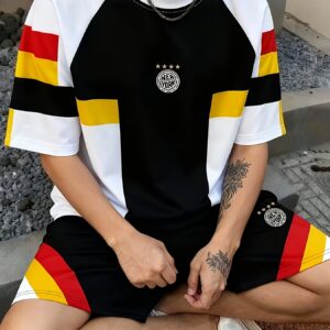 2pcs men's casual set | crew neck t shirt with new york word letter design, breathable regular fit for daily and formal wear comfortable drawstring shorts, ideal for outdoor activities and sports, durable comfortable fabric