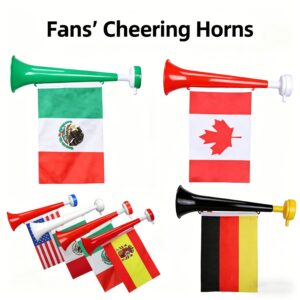 plastic sound producing cheering horns with multinational flag designs, sports event cheering props for football matches and athletic competitions