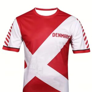 [printed design not textured/embroidery/sequins, not jean, this is the print] 1pc denmark jersey t shirt, european cup fan apparel, high quality printed football jersey, vibrant micro stretch crew neck short sleeve football training and match