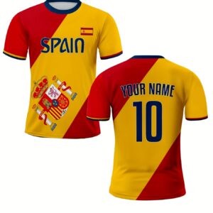 [printed design not textured] soccer jersey spanish national team style, name and number, yellow to red gradient, sports jersey, for team matches and training, suitable for adults and youth, wear resistant and breathable material, bold stripe
