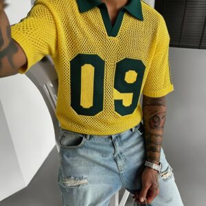 summer new fashion trendy athletic men's knit short sleeve, casual athletic style jersey digital hollow out contrast polo collar men's knit pullover sweater, office school commute viewing sports wear